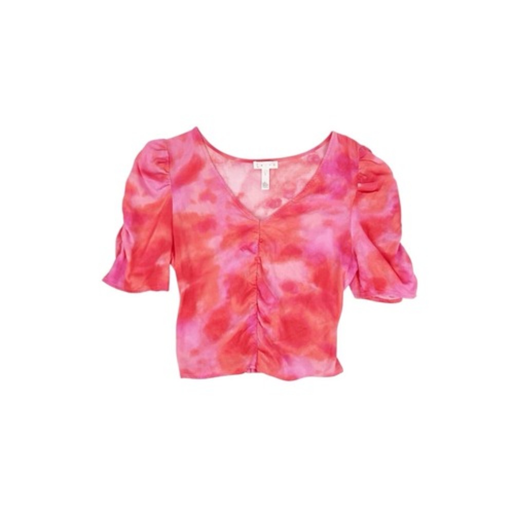 Leith Pink Orange Watercolor Crop Top Puff Sleeve Size Small